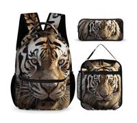 HETVBNS Animal Tiger Rucksack-Set, 3-teilig, robuster Rucksack, isolierte Lunchtasche, tragbares Federmäppchen für Männer und Frauen