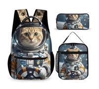 HETVBNS Astronaut Katze im Weltraum Rucksack-Set, 3-teilig, robuster Rucksack, isolierte Lunchtasche, tragbares Federmäppchen für Männer und Frauen