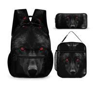 HETVBNS Black Red Eyed Wolf Rucksack-Set, 3-teilig, robuster Rucksack, isolierte Lunchtasche, tragbares Federmäppchen für Männer und Frauen