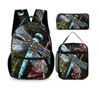 HETVBNS Blaue Libellen-Rucksack-Set, 3-teilig, robuster Rucksack, isolierte Lunchtasche, tragbares Federmäppchen für Männer und Frauen