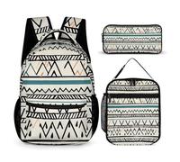 HETVBNS Boho-Dreieck-Streifen-Rucksack-Set, 3-teilig, strapazierfähiger Rucksack, isolierte Lunchtasche, tragbares Federmäppchen für Männer und Frauen