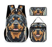 HETVBNS Cooles Rottweiler Hundekunst-Rucksack-Set, 3-teilig, robuster Rucksack, isolierte Lunchtasche, tragbares Federmäppchen für Männer und Frauen