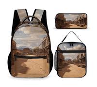 HETVBNS Cowboy Town Rucksack-Set, 3-teilig, robuster Rucksack, isolierte Lunchtasche, tragbares Federmäppchen für Männer und Frauen