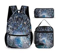 HETVBNS Crystal Peacock Rucksack-Set, 3-teilig, robuster Rucksack, isolierte Lunchtasche, tragbares Federmäppchen für Männer und Frauen