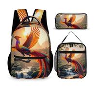 HETVBNS Farbenfrohes Phoenix-Rucksack-Set, 3-teilig, robuster Rucksack, isolierte Lunchtasche, tragbares Federmäppchen für Männer und Frauen