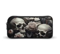 HETVBNS Federmäppchen mit schwarzen und weißen Blumen und Totenköpfen, große Kapazität, Reißverschluss, langlebig, tragbar, kleine Kosmetiktasche für Büro, Reisen