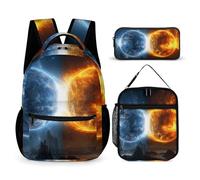 HETVBNS Fire and Water Planets Rucksack-Set, 3-teilig, robuster Rucksack, isolierte Lunchtasche, tragbares Federmäppchen für Männer und Frauen
