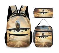HETVBNS Flugzeug-Rucksack-Set, 3-teilig, robuster Rucksack, isolierte Lunchtasche, tragbares Federmäppchen für Männer und Frauen