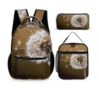 HETVBNS Geblasenes Löwenzahnblüten-Rucksack-Set, 3-teilig, robuster Rucksack, isolierte Lunchtasche, tragbares Federmäppchen für Männer und Frauen