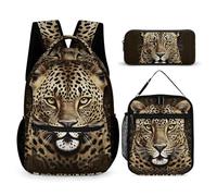 HETVBNS Gemustertes Leopardenkopf-Rucksack-Set, 3-teilig, robuster Rucksack, isolierte Lunchtasche, tragbares Federmäppchen für Männer und Frauen