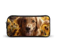 HETVBNS Golden Retriever Federmäppchen mit Sonnenblume, großes Fassungsvermögen, Reißverschluss-Tasche, langlebige Stiftebox, Organizer, tragbare kleine Kosmetiktasche für Büro, Reisen