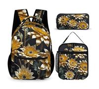 HETVBNS Goldene Blumen auf schwarzem Rucksack-Set, 3-teilig, robuster Rucksack, isolierte Lunchtasche, tragbares Federmäppchen für Männer und Frauen