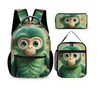 HETVBNS Green Clever Monkey Rucksack-Set, 3-teilig, robuster Rucksack, isolierte Lunchtasche, tragbares Federmäppchen für Männer und Frauen
