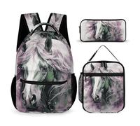 HETVBNS Green Horse Rucksack-Set, 3-teilig, robuster Rucksack, isolierte Lunchtasche, tragbares Federmäppchen für Männer und Frauen