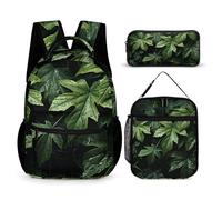 HETVBNS Grünes Blättermuster Rucksack-Set, 3-teilig, robuster Rucksack, isolierte Lunchtasche, tragbares Federmäppchen für Männer und Frauen