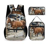 HETVBNS Horse in The Street Rucksack-Set, 3-teilig, robuster Rucksack, isolierte Lunchtasche, tragbares Federmäppchen für Männer und Frauen