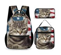 HETVBNS Katzen-Rucksack-Set mit USA-Flagge, 3-teilig, robuster Rucksack, isolierte Lunchtasche, tragbares Federmäppchen für Männer und Frauen