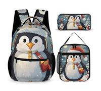 HETVBNS Lustiges Weihnachts-Pinguin-Rucksack-Set, 3-teilig, robuster Rucksack, isolierte Lunchtasche, tragbares Federmäppchen für Männer und Frauen