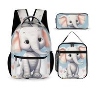 HETVBNS Niedliches Elefanten-Rucksack-Set, 3-teilig, robuster Rucksack, isolierte Lunchtasche, tragbares Federmäppchen für Männer und Frauen