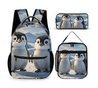 HETVBNS Niedliches Pinguin-Rucksack-Set, 3-teilig, robuster Rucksack, isolierte Lunchtasche, tragbares Federmäppchen für Männer und Frauen
