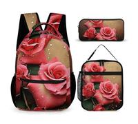 HETVBNS Rosen-Rucksack-Set, 3-teilig, robuster Rucksack, isolierte Lunchtasche, tragbares Federmäppchen für Männer und Frauen