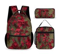 HETVBNS Rucksack mit roten Blumenranken, 3-teilig, robuster Rucksack, isolierte Lunchtasche, tragbares Federmäppchen für Männer und Frauen