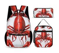 HETVBNS Rucksack Set mit rotem Hummer-Druck, 3-teilig, robuster Rucksack, isolierte Lunchtasche, tragbares Federmäppchen für Männer und Frauen