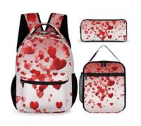 HETVBNS Rucksack-Set mit roten Herzen, strapazierfähig, isoliert, Lunch-Tasche, tragbares Federmäppchen für Männer und Frauen, 3-teilig