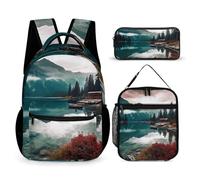HETVBNS Scenic Lake Rucksack-Set, 3-teilig, robuster Rucksack, isolierte Lunchtasche, tragbares Federmäppchen für Männer und Frauen