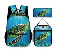 HETVBNS Schildkröte Schwimmen im Meer Rucksack-Set, 3-teilig, robuster Rucksack, isolierte Lunchtasche, tragbares Federmäppchen für Männer und Frauen