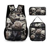 HETVBNS Schwarz-Weiß-Blumen- und Totenkopf-Rucksack-Set, 3-teilig, strapazierfähiger Rucksack, isolierte Lunchtasche, tragbares Federmäppchen für Männer und Frauen