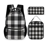 HETVBNS Schwarz-weißes kariertes Rucksack-Set, 3-teilig, robuster Rucksack, isolierte Lunchtasche, tragbares Federmäppchen für Männer und Frauen
