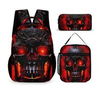 HETVBNS Schwarzer und roter Totenkopf-Rucksack-Set, 3-teilig, robuster Rucksack, isolierte Lunchtasche, tragbares Federmäppchen für Männer und Frauen