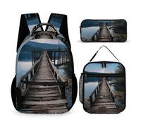 HETVBNS The Water Rucksack-Set aus Holz, 3-teilig, robuster Rucksack, isolierte Lunchtasche, tragbares Federmäppchen für Männer und Frauen