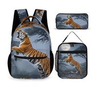 HETVBNS Tiger Moon Rucksack-Set, 3-teilig, robuster Rucksack, isolierte Lunchtasche, tragbares Federmäppchen für Männer und Frauen