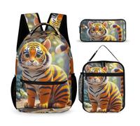 HETVBNS Tiger Stripes Orange Rucksack Set 3-teilig, robuster Rucksack, isolierte Lunchtasche, tragbares Federmäppchen für Männer und Frauen