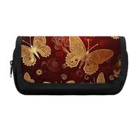 HETVBNS Valentine Hearts Federmäppchen mit goldenem Schmetterling, extra groß, doppellagiges Federmäppchen mit Reißverschluss, tragbare Kosmetiktasche für Reisen, Büro, Schreibwaren-Organizer für