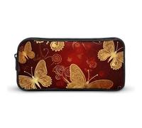 HETVBNS Valentine Hearts Federmäppchen mit goldenem Schmetterling, großes Fassungsvermögen, Reißverschluss-Tasche, langlebige Stiftebox, Organizer, tragbare kleine Kosmetiktasche für Büro, Reisen