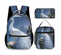 HETVBNS Weißer Pfau und Mond Rucksack-Set, 3-teilig, robuster Rucksack, isolierte Lunchtasche, tragbares Federmäppchen für Männer und Frauen