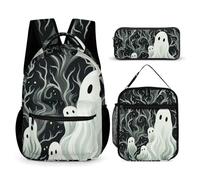 HETVBNS Weißes gemustertes Geister-Rucksack-Set, 3-teilig, robuster Rucksack, isolierte Lunchtasche, tragbares Federmäppchen für Männer und Frauen