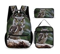 HETVBNS Wilde Eule Vögel Rucksack Set 3-teilig, robuster Rucksack, isolierte Lunchtasche, tragbares Federmäppchen für Männer und Frauen