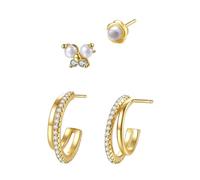 Hey Happiness Ohrring-Set 4-teilig mit Edelstein & Perle aus 925 Sterlingsilber Gold Damen