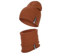 HEYO Kinder Beanie Mütze und Schlauchschal Set aus Baumwolle gerippt- Übergangsmütze für Frühling & Herbst - weich & elastisch (Braun)