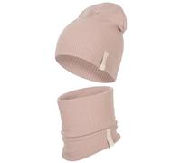 HEYO Kinder Beanie Mütze und Schlauchschal Set aus Baumwolle gerippt- Übergangsmütze für Frühling & Herbst - weich & elastisch (Beige)
