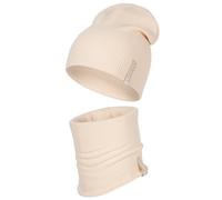 HEYO Kinder Beanie Mütze und Schlauchschal Set aus Baumwolle gerippt- Übergangsmütze für Frühling & Herbst - weich & elastisch (Ecru)