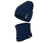 HEYO Kinder Beanie Mütze und Schlauchschal Set aus Baumwolle gerippt- Übergangsmütze für Frühling & Herbst - weich & elastisch (Dunkelblau)