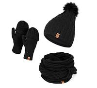 HEYO Mütze Schal Handschuh Set für Damen | Gefütterte Wintermütze mit Kunstfellbommel | Großer Loop Schal | Gestrickte Finger/Fingerlose- Winterhandschuhe für Touchscreen (Schwarz)