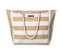 HEYO Strandtasche Damen Große Badetasche mit Reißverschluss Freizeittasche Sommer Tasche Gestreift Shopper Bag Einkaufstasche XXL (Beige)
