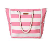 HEYO Strandtasche Damen Große Badetasche mit Reißverschluss Freizeittasche Sommer Tasche Gestreift Shopper Bag Einkaufstasche XXL (Rosa)