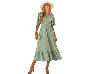 HEYPORK Damen Frühling Sommer Bequem Lässig Kleider Mode Elegant Röcke Frauen V-Ausschnitt Solide Farbe Lotus Blatt Ärmel Lässig Langes Kleid(B Hellgrün, XL)